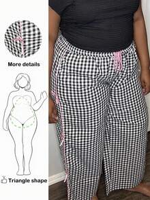 Truni 大码休闲黑白格子撞色蝴蝶结阔腿裤 - 黑與白 - 查看 1