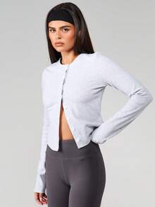MISSGUIDED Ribbed Button Front Cardigan Long Sleeve Crew Neck Regular Fit Casual Layering Top Fall Winter Essential - Grey - View 3