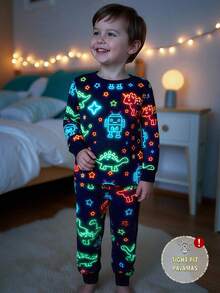 两件套幼儿男童彩色恐龙机器人印花夜光针织弹力柔软睡衣套装，长袖上衣和裤子，藏蓝色