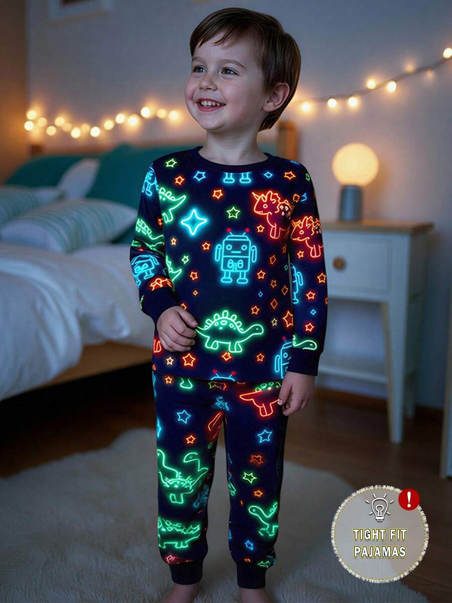 两件套幼儿男童彩色恐龙机器人印花夜光针织弹力柔软睡衣套装，长袖上衣和裤子，藏蓝色