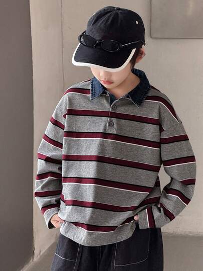 DAZY 男童休闲日常通勤撞色条纹印花宽松落肩长袖 Polo 领 T 恤，春秋季