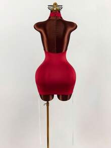 Amplova Váy ôm sát cơ thể gợi cảm hở lưng dây chéo bên hông dành cho nữ, phong cách thể thao và sang trọng - Đỏ - Xem 2