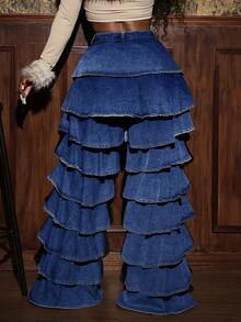 Slaydiva Quần jeans ống rộng cạp cao nhún bèo thời trang cho nữ - Rửa tối - Xem 2