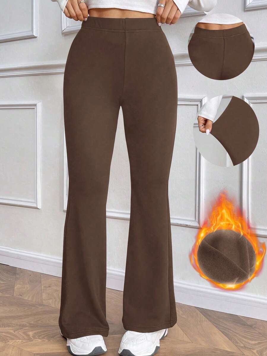 SHEIN PETITE Pantaloni evazați casual pentru femei, culoare solidă, talie înaltă, călduroși - Moca Brown - Vizualizare 1