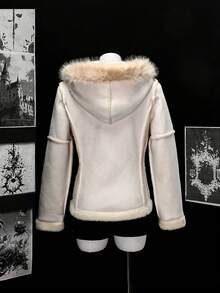 INAWLY Áo khoác ngắn có khóa kéo bằng vải Sherpa giả màu kem phong cách Mỹ cổ điển thời trang dành cho bé gái - trắng - Xem 2