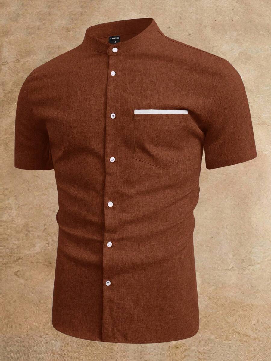 Manfinity VCAY 撞色立领纽扣前襟休闲短袖衬衫 锈红色男士衬衫 男士教堂衬衫 棕色针织衬衫 男士短袖正装衬衫 - 棕色 - 查看 1