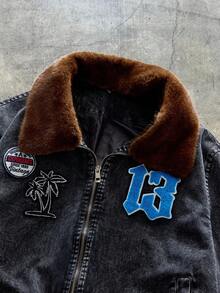 AXEPEAK 男士字母贴布拉链休闲夹克，带毛领 - 黑色 - 查看 3