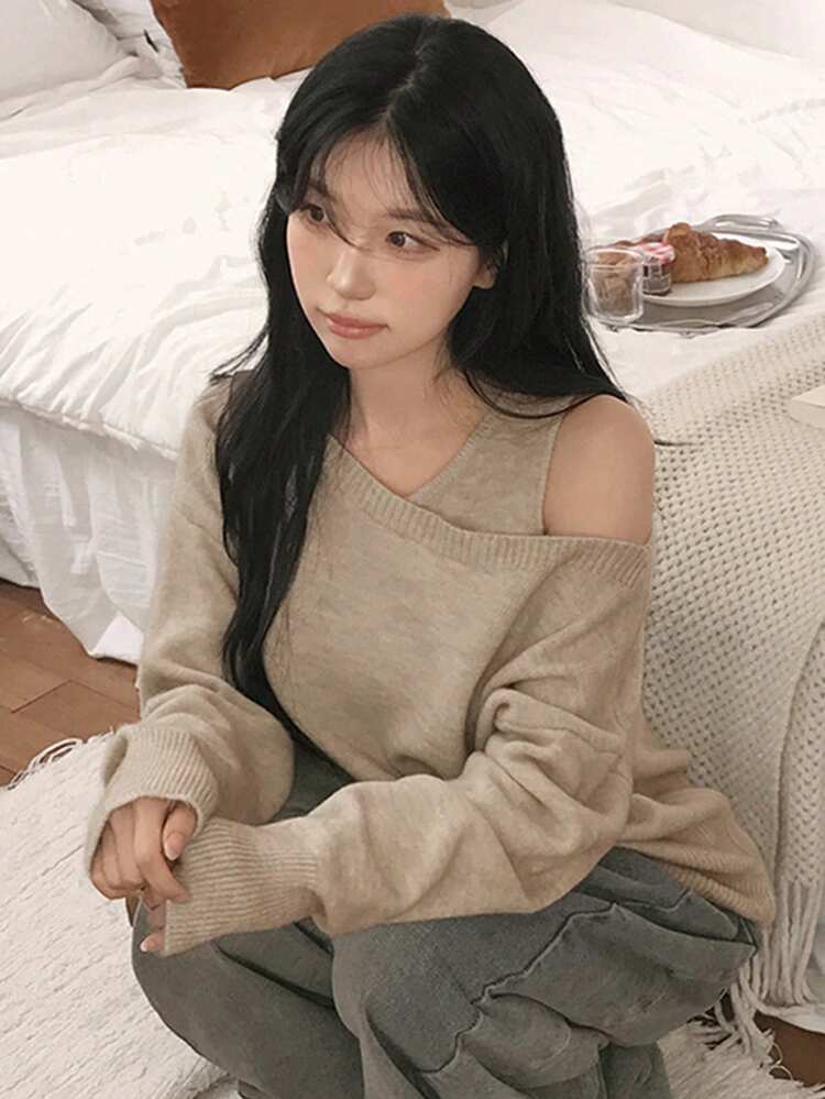 Women's Solid Color Crew Neck Sleeveless Knit Top And Off Shoulder Long Sleeve Sweater Set Spring