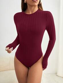 Siren Gaze 女士纯色圆领长袖罗纹休闲连体衣 - 酒紅色 - 查看 5
