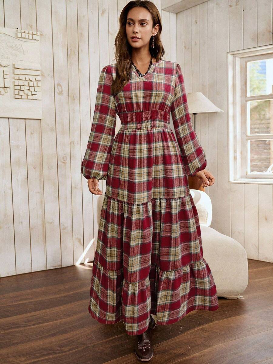 LanaWest 女士卡其棕色格子可追溯面料圆领小褶皱收腰罩衫连衣裙，下摆设计 - 紅色 - 查看 1