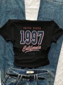 Attitoon Women's Casual Retro Style 1997 Numeral, Retro English Letter, Retro Numeral Placement Pattern, Waist Ruched Off Shoulder Tight Short Sleeve T-Shirt, Suitable For Summer - Black - View 3