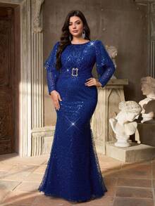 Aureia Váy dạ hội trang trọng tay bèo nhún đính hạt cỡ lớn màu xanh nước biển thanh lịch - Màu xanh lam - Xem 5