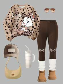 2 件套可爱兔子豹纹上衣，女童圆领运动衫和紧身裤套装，时尚休闲，适合秋冬 - 彩色 - 查看 2
