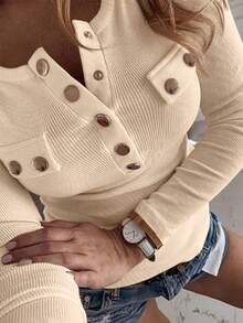 INAWLY 方领半拉链长袖休闲金属扣T恤 - 杏色 - 查看 3