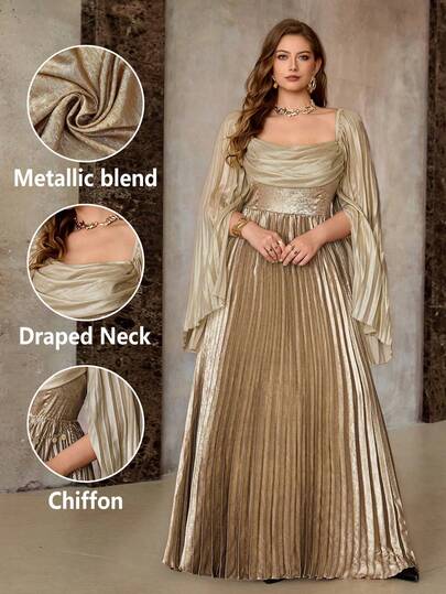 Roveilla Plus Size Women Pleated Drape Neck Foil Pleat Dress, Suitable For Spring And Autumn Party Long Sleeve Formal Dress Gold Elegant Dress Women Gold Maxi Dress Pleated Skirt Set Pleated Maxi Dress Greek Goddess Dress Gold Formal Dress Luxury Dress For Women Plus Size Evening Gown Renaissance Dress Gold Gowns For Women