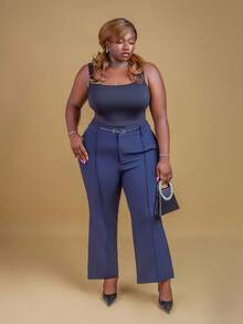 CurvyTilda Camiseta de tirantes ajustada de unicolor casual de talla grande, para el verano - Negro - Ver 4