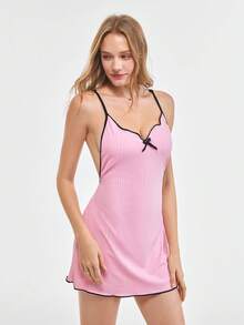 Bonmuse 女式夏季 V 领露背蝴蝶结吊带纯色修身迷你连衣裙，居家休闲或户外穿着舒适 - 粉色 - 查看 4