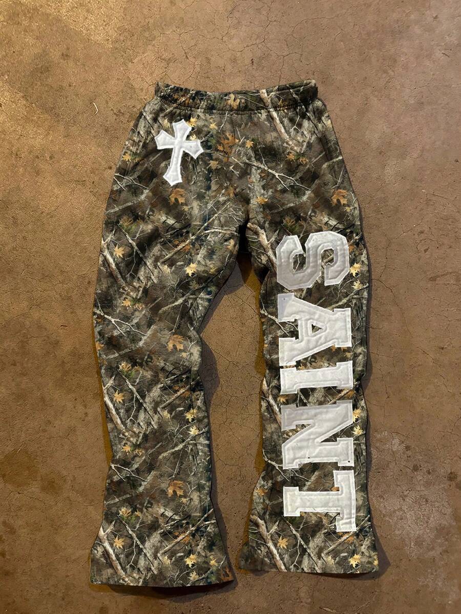 INAWLY 女士时尚休闲树枝印花字母贴片松紧腰喇叭裤 - 彩色 - 查看 1