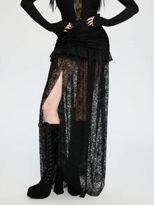 Breakform Women's Gothic Style Sexy Elastic Waist Solid Color Knitted Fabric Contrast Lace Ruffle Hem High Slit Skirt Black Lace See Through Skirt Gothic Black Skirt Cover Up - Black - View 4