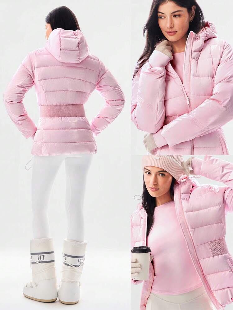 Chaqueta acolchada con capucha con cremallera completa, ajuste ceñido, cintura elástica ancha, cordón ajustable, impermeable, suave, ligera y brillante, para otoño e invierno, para uso diario y casual al aire libre