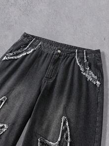 Manfinity Denimwave Quần jean denim nam phong cách đường phố thường ngày với miếng vá và lông giả - màu đen - Xem 5
