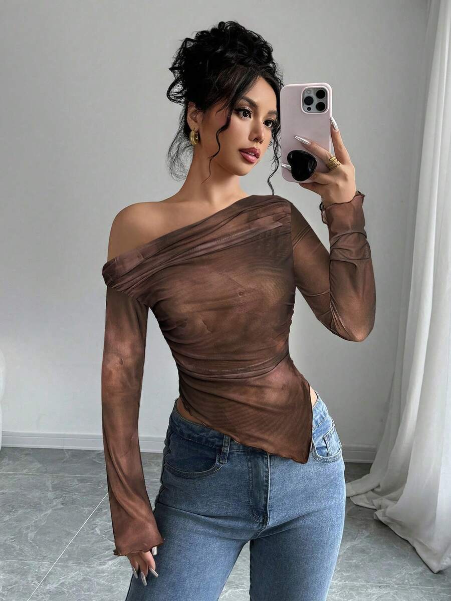 Firerie Women's Fashion Sexy Tie-Dye Asymmetric Long Sleeve T-Shirt Bohemian Romantic  Glamorous Party Elegant - Brown - View 1