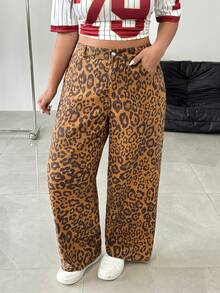 Flirla Plus Size Women's Y2K Streetwear Leopard Print Baggy Jeans - Multicolor - View 5