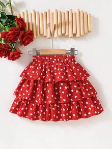 SHEIN Elladie kids 女童爱心波点印花叠层设计半身裙，适合休闲、派对、日常穿着 - 紅色 - 查看 2