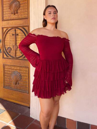 Nezia Cruz 大码秋季甜美性感荷叶边纹理露肩长袖褶皱分层荷叶边迷你连衣裙