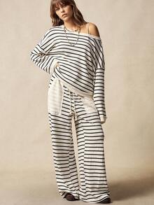 Bohemela Boho Vacation Casual Striped Loose Knit T-Shirt & Wide Leg Pants 2 Pieces Set For Women - Black and White - View 5