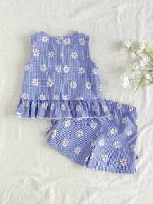 SHEIN Vintaside Kids 两件套女婴可爱休闲格子吊带背心和短裤套装，适合户外活动 - 藍色 - 查看 2