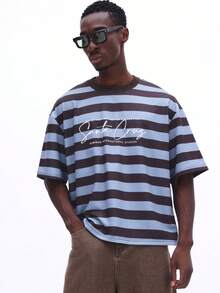 SUMWON Áo thun cổ tròn tay ngắn kẻ sọc dáng hộp của Santa Cruz International Studios thoải mái mặc cuối tuần - màu nâu - Xem 4