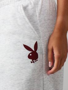 Missguided x Playboy Sport Graphic Cuffed Jogger Sweatpants With Bunny Logo And Text Print - Light Grey - View 4