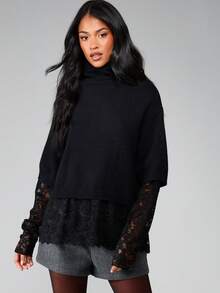 MISSGUIDED Turtleneck Cropped Long Sleeve Lace Detail Hem Jumper Sweater Fall Winter Casual Layering Top - Black - View 1