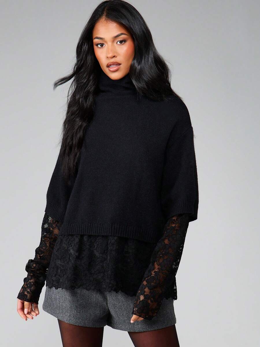 MISSGUIDED Turtleneck Cropped Long Sleeve Lace Detail Hem Jumper Sweater Fall Winter Casual Layering Top - Black - View 1