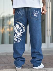 Devon Thys 1pc Y2K Hip Hop Streetwear Style Loose Fit Skull Graphic Men Denim Jeans - Blue - View 4