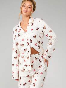 MISSGUIDED Bộ đồ ngủ in hình cún con dễ thương với áo dài tay cài nút phía trước và quần dài cạp chun hoàn hảo cho những đêm ấm cúng - Nhiều màu - Xem 3