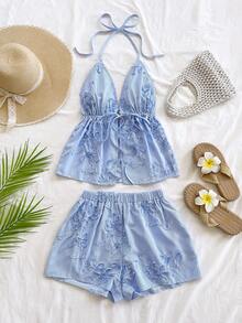 Soleia Women's Fashion Classic Blue & White Striped V-Neck Halter Tie-Front Sexy Camisole And Loose Super Short Shorts 2-Piece Set, Suitable For Date, Party, City Street, Vacation Summer Spring Valentine's Day Casual Vacation  Beach Wedding Birthday Going Out Elegant Casual Vacation - Blue and White - View 1