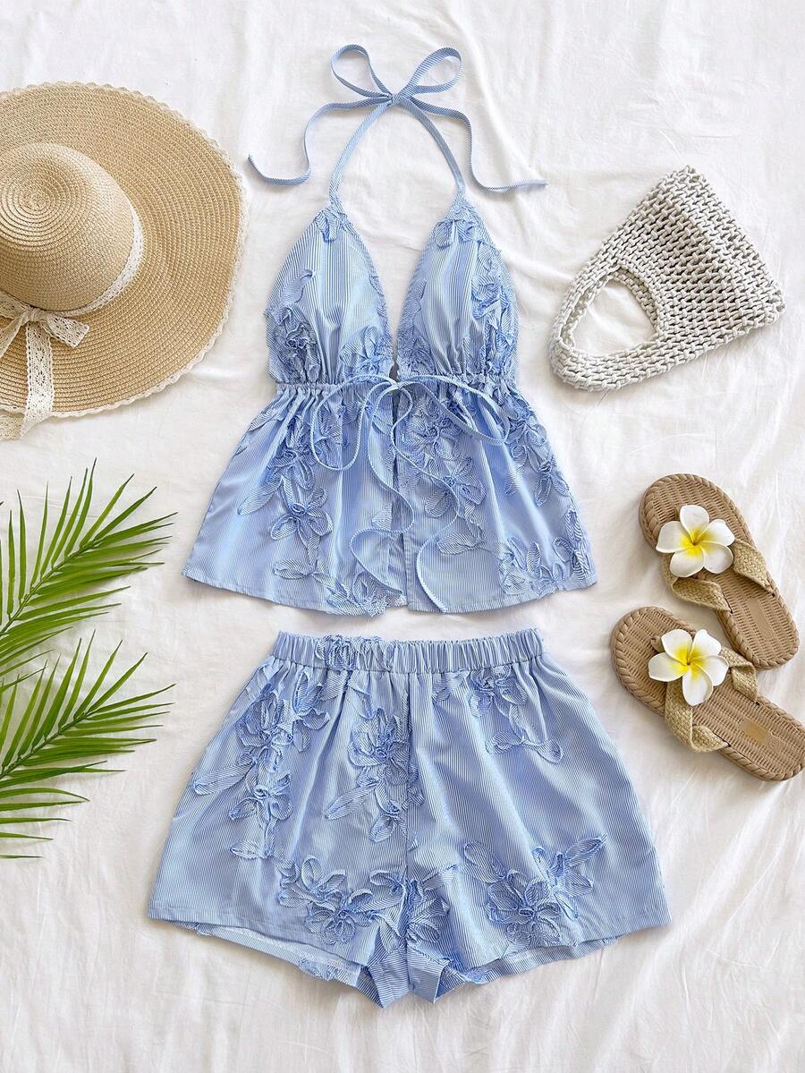 Soleia Women's Fashion Classic Blue & White Striped V-Neck Halter Tie-Front Sexy Camisole And Loose Super Short Shorts 2-Piece Set, Suitable For Date, Party, City Street, Vacation Summer Spring Valentine's Day Casual Vacation  Beach Wedding Birthday Going Out Elegant Casual Vacation - Blue and White - View 1