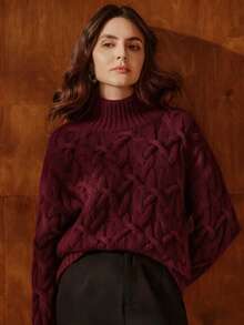 Anewsta Women's Elegant Loose Slouchy Textured Burgundy Knit Sweater, Suitable For Christmas Party And Thanksgiving - Burgundy - View 7