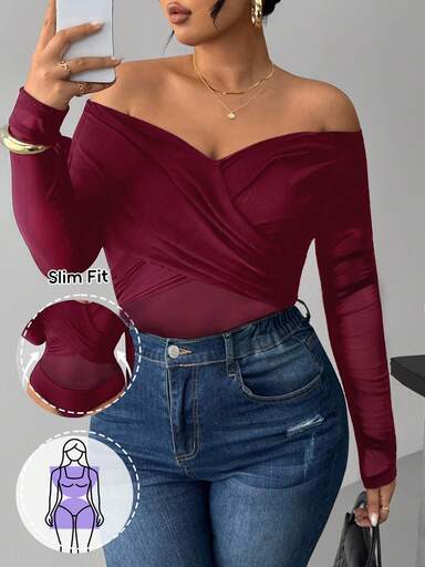 Hourglow Plus Size Women's Solid Color Off Shoulder Long Sleeve Mesh Patchwork Criss-Cross Bodysuit, For Autumn/Winter, For Hourglass Body Shape