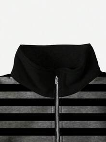 少女拉链半开襟落肩长袖休闲条纹宽松卫衣 - 彩色 - 查看 6