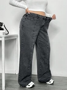CurvyTilda 大码女式宽松高腰口袋阔腿男友牛仔裤 - 黑色 - 查看 8
