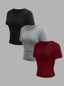 SHEIN ChillGRL 3件套优雅休闲基础款纯色针织短袖修身T恤，腰部褶皱装饰，百搭组合，适合青少年和女性，多色可选，情人节礼物 - 酒紅色 - 查看 3