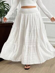 Truni Elyhuante_03 Plus Size Solid Color Drawstring Waist Skirt, Casual For Spring & Summer, For Pear Triangle Body Shape - White - View 4