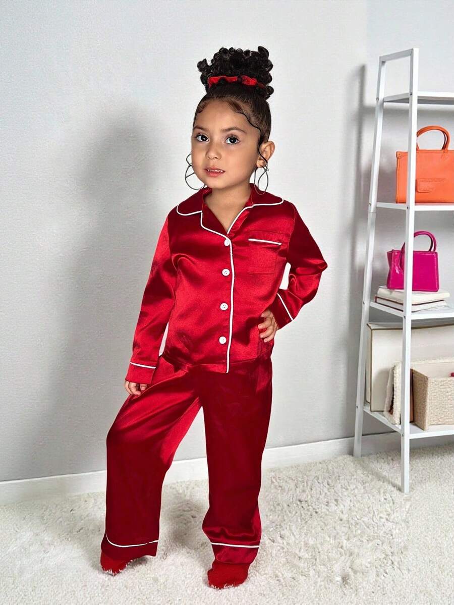 Young Girl Contrast Color Collar Shirt And Casual Pants Set, Autumn/Winter Pajama Set, Collegiate Style, Comfortable Loungewear Set - Red - View 1