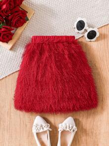 Young Girl Valentine's Day Shiny Fringe Design Fabric Red Skirt, Suitable For Party, Elegant, Vacation - Red - View 2