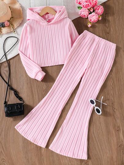 SHEIN Tween Girl Ribbed Solid Color Hooded Long Sleeve Top And Flare Leg Pants 2 Pieces Set