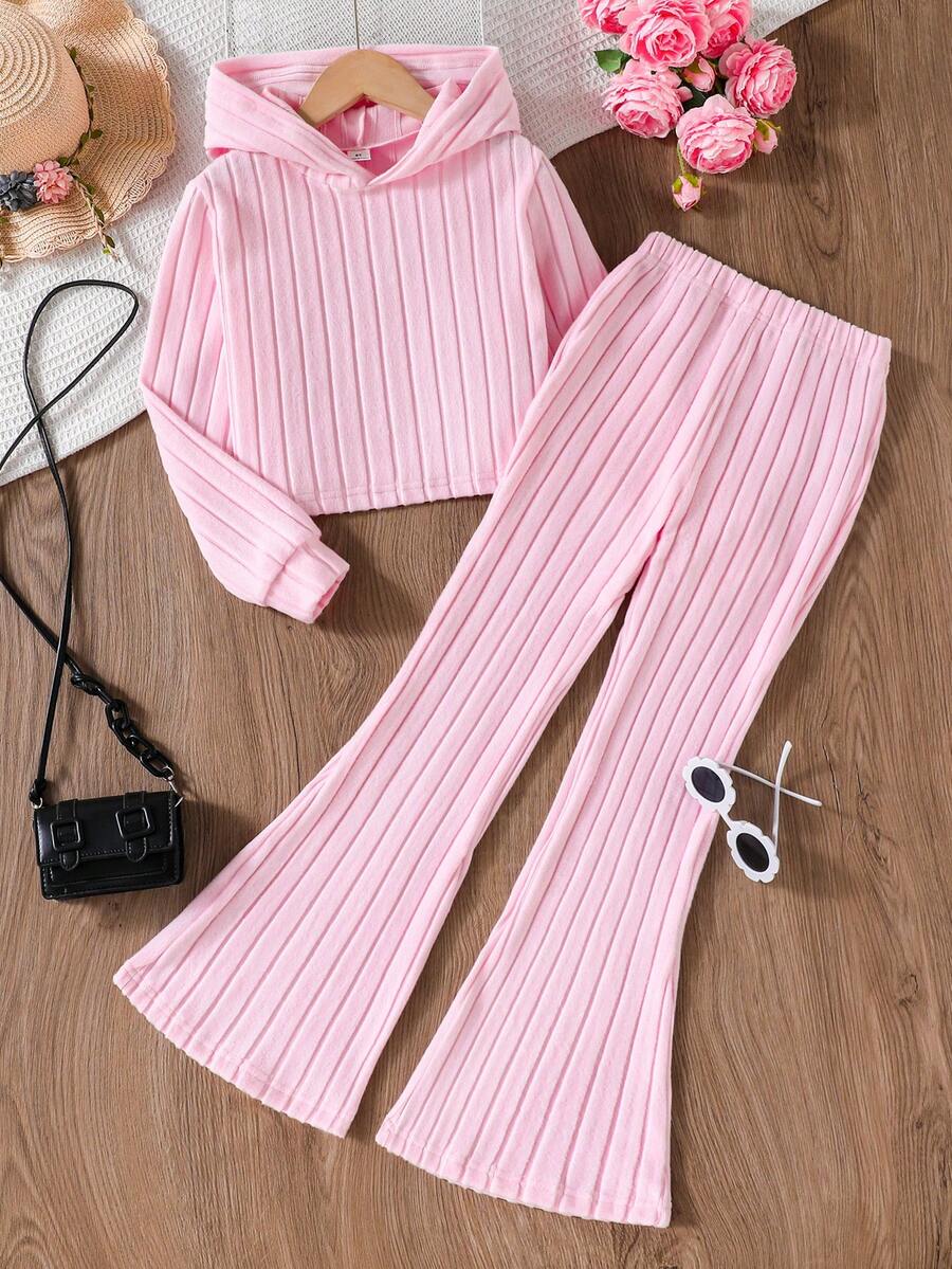 SHEIN 少女罗纹纯色连帽长袖上衣和喇叭裤两件套 - 淺粉色 - 查看 1