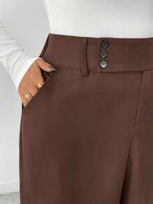 SHEIN PETITE CURVE 大码纯色纽扣休闲裤，适合通勤、秋冬季穿着 - 棕色 - 查看 4